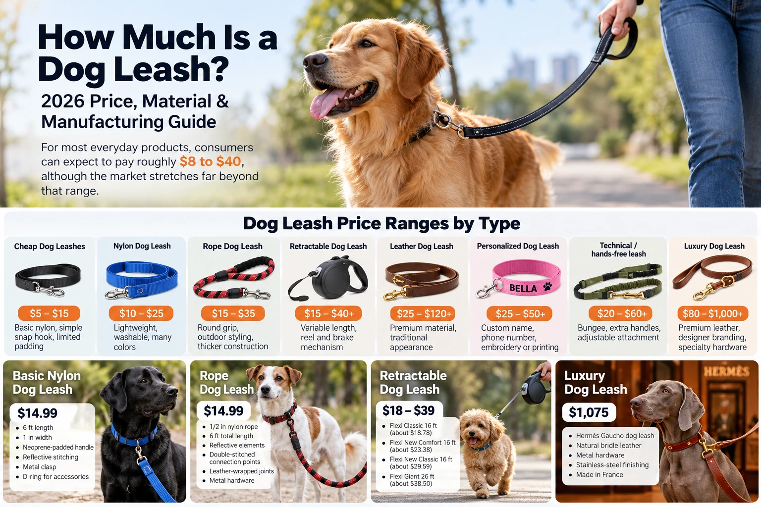 Nylon rope leather and retractable dog leash comparison