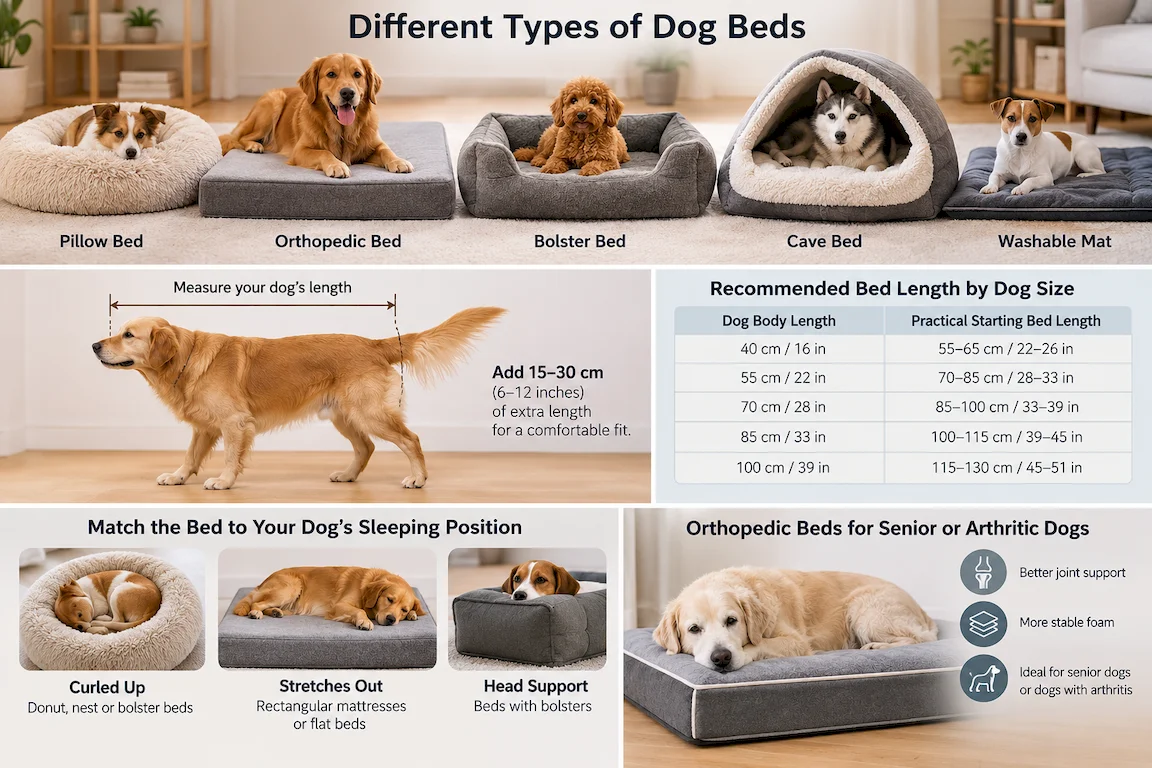 Different dog bed types including orthopedic bolster and comfortable dog beds