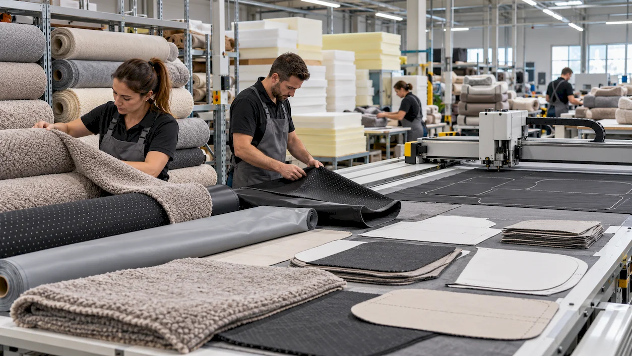 Dog bed fabric inspection and precision cutting during manufacturing