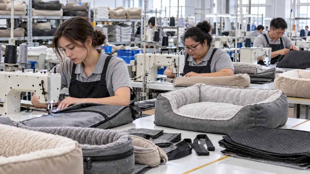Dog bed sewing and assembly process in pet product manufacturing