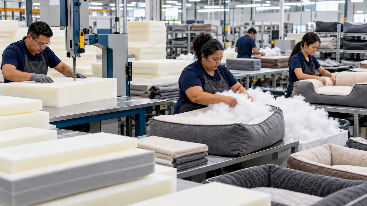 Foam cutting filling and quality control for dog bed production